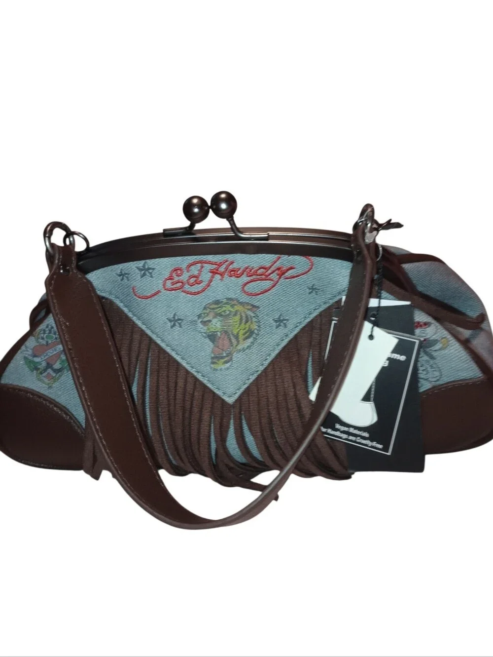 Ed Hardy Brown & Denim Fringe Shoulder Bag with Embroidery, NWT
